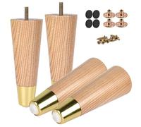 TCHOSUZ Lot de 4 pieds de meubles en bois de frêne de 10 cm avec capuchons dorés, lot de 4 pieds de rechange ronds modernes en bois massif du milieu du siècle avec boulon de suspension de 0,6 cm pour