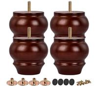TCHOSUZ Lot de 4 pieds de meubles en bois massif tourné marron de 9 cm avec boulons de suspension M8 et écrous en T ou rehausseurs pour canapé, armoire, ottomane inclinable