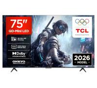 TCL 75T8D 75 Pouces QLED avec QD-Mini LED Dimming 4K HDR Ultra HD TV, Smart Google TV (Dolby Vision, HDR10+ & Atmos, 144Hz VRR, FreeSync Premium, Son Onkyo 2.1, Game Master, Commande vocale)