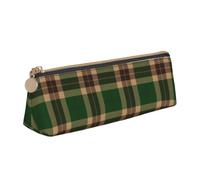 Tcoay Carreaux Tartan Verts et Bruns, Trousse à Crayons Triangulaire Portable avec Fermeture éclair, Sac cosmétique en Cuir PVC pour Adolescents et Adultes