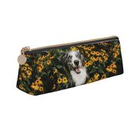 Tcoay Fleurs pour Chien Border Collie Heureux, Trousse à Crayons Triangulaire Portable avec Fermeture éclair, Sac cosmétique en Cuir PVC pour Adolescents et Adultes