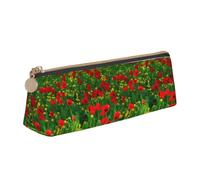 Tcoay Paysage de Prairie de Ferme avec Champ de Coquelicots Rouges (Impression), Trousse à Crayons Triangulaire Portable avec Fermeture éclair, Sac cosmétique en Cuir PVC pour Adolescents et Adultes