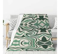 Tcoay Plaid décoratif en Flanelle, jeté de lit en Peluche, Couverture idéale pour la literie, Le canapé et Les Voyages, Style années 70, Motif Abstrait ondulé tourbillonnant, Vert Sauge.