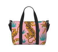 Tcoay Sac de plage pour femme, motif tigres asiatiques dansant sur fond rose, imprimé animalier doré, orange et noir, réutilisable