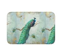 Tcoay Tapis de Salle de Bain Overlock, Tapis d'entrée, antidérapant, Absorbant, Bleu Turquoise, élégant Motif Paon et Plumes, Branche d'arbre