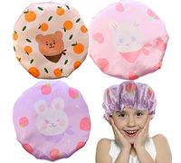 TCOTBE Lot de 3 bonnets de douche pour enfants avec imprimés lapins double couche, bonnets de bain en PEVA réutilisables pour enfants motif animal de dessin animé pour garçons et filles