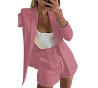Tcremisa Ensemble Blazer et Short 2 pièces pour Femme, Blazer Ouvert sur Le Devant, Tenue d'affaires avec Ceinture, 01 Rose, Taille L