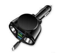 TDCuizent Chargeur de voiture avec câble rétractable 90 W PD 66 W, adaptateur de charge rapide, double ports et affichage numérique, alliage d'aluminium pour qc3.0 pour véhicules 12 V-24 V (66 W)