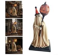 TDCuizent Statue d'Halloween rétro avec citrouilles lumineuses de 12 cm en résine blanche pour décoration de maison, jardin, étagère, cheminée, patio, festival
