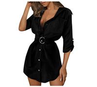 TDEOK Chemisier pour femme à manches longues en lin - Robe d'été élégante - Longueur genoux - Avec ceinture - Robe chemise cintrée - Grande taille, Noir , XXL