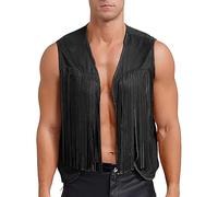 TDEOK Gilet de cowboy pour homme avec pompon, daim synthétique, gilet à franges, sans manches, ouvert sur le devant, gilet débardeur avec bustier, Noir , M