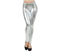 TDEOK Legging en cuir synthétique pour femme - Taille haute - Legging brillant - Collants en latex - Aspect cuir - Taille haute - Legging stretch - Pour fête, danse, discothèque, carnaval, argenté, S