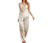 TDEOK Pyjama en satin pour femme - Pyjama court et long - Deux pièces - Élégant - Col en V - Gilet - Haut - Pantalon long - Sexy - Imprimé - Pyjama en soie, gris, S