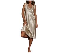 TDEOK Robe de nuit longue en soie pour femme - Robe de nuit vintage - Col en V - Sans manches - Sexy - Sous-vêtement de nuit - Nuisette, kaki, XXL