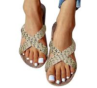 TDEOK Tongs Plates Simple en Paille Femme Été Bande Croisée Sandales Corde Femme Été Nu Pied Femmes Plage Piscine Élégant Espadrilles Tong Sandale Ado Fille Bout Ouvert Slip-on Mode Plat Chaussures