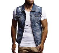 TDEOK Veste d'été légère pour homme : gilet en jean sans manches noir veste en jean sans manches veste demi-saison vintage en denim gilet en denim déchiré gilet cowboy, bleu foncé, L