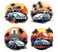 TDFERAN 4 Pièces Peinture Diamant 5D, 30x30 CM Diamond Voiture Ancienne Diamant Painting Coucher de Soleil, Cocotier, Peinture Diamant Voyage, Diamond Painting Adulte Voiture pour décoration Murale