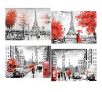 TDFERAN/40x30CM 4 Pack Diamond Painting Architecture Monde,Broderie Diamant Kit Complet Pyasage Rouge et Noir,DIY 5D Puzzle Diamant La Rue devant le Tour Tour Eiffel Paysage urbain de Big Ben