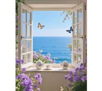 TDFERAN Diamond Painting Paysage Bord de Mer 40x50cm Peinture Diamant Fenetre Paysage Canevas Diamant Marin tableau diamant adulte Fleurs Papillon Painting Diamant Fleurs Fenetre Cafetière Vintage