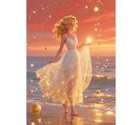 TDFERAN Diamond Painting Princesse 30x40cm Diamond Painting Danseuse Or Perle Diamant a Coller Coucher de Soleil sur Mer DIY 5D Diamant Angel Elfe Fée Peinture Diamond Portrait Femme Anime