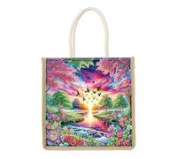 TDFERAN Diamond Sac à Main 26x26cm Couleur à Provisions Sac Bandoulière Peinture Diamant en Tissu Bricolage Cadeau Fourre-tout en Toile Fait Main Avec Peinture Diamant Paysage Rose Vert