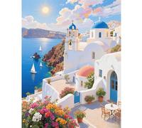 TDFERAN Peinture Diamant 5D Fleurs Plage Paysage Grec 40X50cm Diamond Painting Santorini Peinture Diamant Débutants Strass Artisanat Paysage Bord Mer Décoration Murale Salon Chambre Décorer