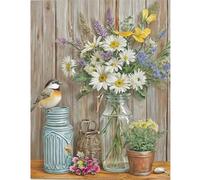 TDFERAN Peinture Diamant Carrée Fleurs Oiseau 40x50 Broderie Diamant Fleurs | Square Diamond Painting Carrées Vase Fleur Marguerite Toile DIY Tableau Perle Diamant Marguerite Bureau Peinture Diamant