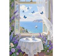 TDFERAN Peinture Diamant Fenetre Paysage 40x50cm Canevas Diamant Paysage Bord de Mer Diamond Painting Fleurs Fenetre Papillon Peinture par Numéros Adultes Mer Cafetière Vintage