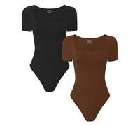 TDIFFUN Body gainant sexy à manches longues pour femme avec col carré côtelé et gainant le ventre, Lot de 2 : noir + marron (manches courtes), M (Tight Or One Size Up)