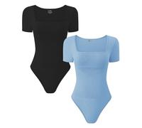 TDIFFUN Body gainant sexy à manches longues pour femme avec col carré côtelé et gainant le ventre, Lot de 2 : noir + bleu (manches courtes), L (Tight Or One Size Up)