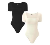 TDIFFUN Body gainant sexy à manches longues pour femme avec col carré côtelé et gainant le ventre, Lot de 2 : noir + crème (manches courtes), M (Tight Or One Size Up)