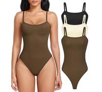TDIFFUN Lot de 3 bodies gainants sans coutures côtelés sans manches avec bretelles spaghetti réglables pour femme, Noir+beige+café, L (Tight Or One Size Up)