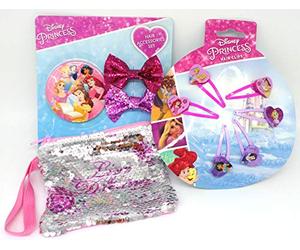 TDL Disney Princess Ensemble-Cadeau Miroir + Paillettes Portefeuille + 2 Moudre + 6 Pinces À Cheveux - Licence Officielle - Mirror + Sequin Purse + 2 Bows + 6 Hair Clips - Gift Bundle