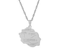 TDNEKMCA Collier avec Pendentif Carte De L'Île De La Réunion pour Femmes Et Hommes, Motif De Frontières Tendance, Charme avec Lettre, Chaîne De Pull D'Amitié Patriotique, Bijoux, Blanc, 50 Cm
