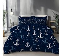 TDNEKMCA Housse de Couette 220x240cm Ancre Parure de Lit Style Nautique en Microfibre avec Fermeture Éclair - Parure de Lit Réversible Adulte avec 2 Taies d'oreiller 65x65 cm,Bleu Blanc