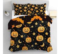 TDNEKMCA Housse de Couette Citrouille 240x260cm Étoiles Lune Parure de Lit 2 Personnes avec Fermeture Éclair - Housse Couette en Microfibre avec 2 Taie d'oreiller 65x65 cm,Jaune