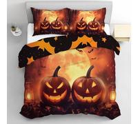 TDNEKMCA Housse de Couette Jack-O'-Lantern 140x200cm Lune Forêt Sombre 3D Halloween Parure de Lit Microfibre Décoration Halloween avec Taies d'oreiller 65x65 cm,Orange