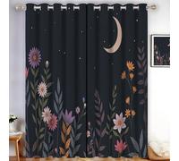 TDNEKMCA Lot de 2 Rideaux occultants Opaques à Isolation Thermique avec œillets,Fleurs Plantes Scène Nocturne, pour hôtel, Salon, Bureau, Chambre,Bleu Foncé,140x180cm (l x H)