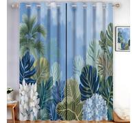 TDNEKMCA Lot de 2 Rideaux occultants Opaques à Isolation Thermique avec œillets,Plantes Tropicales Feuilles Aquarelle, pour hôtel, Salon, Bureau, Chambre,Bleu Vert,140x240cm (l x H)