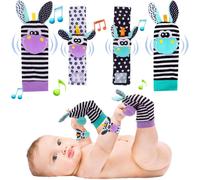 TDRFL-Ensemble De 4 Pièces Chaussettes En Rotin Pour Bébé Bracelet En Rotin Ensemble Bébé Jouet Éducatif Pour La Petite Enfance Nouveau-Né Mignon Animal Doux Et Sensuel Cadeau Naissance 0-36 Mois