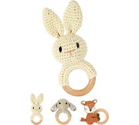 TDRFL-Hochet Bébé Jouet 0 3 6 9 Mois,Anneau De Dentition En Bois Bebe Jouet Eveil Hochet Sensorielle Et Poupées Tricoté,Jouets Montessori Éveil Bebe Cadeau Naissance-Lapin