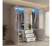 TDRTRD Armoire de Chambre avec Barre de Suspension et Tiroirs, Armoire Dressing avec LED et Portes Vitrées, Grande Armoire de Rangement pour Chambres à Coucher, Salons (Blanc, 130x52x180cm)