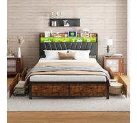 TDRTRD Cadre de Lit en Métal,140x200cm Lit Double avec 4 Tiroirs et Sommier,Lits 2 Personnes avec LED et USB,Tête de Lits rembourré avec Rangement,pour Adultes et Adolescents,Style Industriel