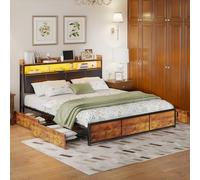 TDRTRD Cadre de Lit en Métal,160x200cm Lit Double avec 4 Tiroirs et Sommier,Lits 2 Personnes avec LED et USB,Tête de Lits rembourré avec Rangement,pour Adultes et Adolescents,Style Industriel