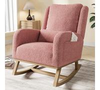 TDRTRD Chaise à Bascule Poches de Rangement, Fauteuil à Bascule en Teddy Fleece avec Support Lombaire, Rocking Chair avec Pieds en Bois pour Chambre à Coucher Salon Balcon (Rose, 96x94x70)