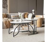 TDRTRD Ensemble de 2 Tables Basses Modernes, Table Basse Ovale avec Table D'appoint Ronde, Tables Basses Gigognes de Faux Marbre avec Rangement, Métal Robustes Pieds, Noir, 80x46x45cm&52x52x51cm