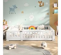 TDRTRD Lit au Sol Bébé,80x160cm lit au Sol d'inspiration Montessori, Lit Enfant en Bois avec Barrière de Sécurité et Sommier à Lattes, Lit Simple pour garçons et Filles - Blanc Design Minimaliste
