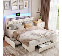 TDRTRD Lit Coffre 140 x 190 avec Sommier, Cadre de lit 140 x 190cm avec LED et Port USB, Lits 2 Personnes avec Étagères Ouvertes et Rangement Caché en Tête de Lit Capitonné, Velours