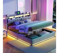 TDRTRD Lit Coffre 160x200 avec Rangement,Lit 2 Places avec LED et Charge USB,Tête de Lits Capitonné, Étagères Ouvertes et Rangement Caché, Lits Double Rembourré avec Sommier à Lattes(Gris)