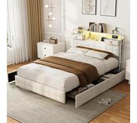 TDRTRD Lit Coffre avec Éclairage LED et USB,Tête de Lits avec Étagères Ouvertes et 2 Tiroirs,Lit Double rembourré avec Sommier et Rangement,Cadre de Lits 2 Personnes pour Adultes (Beige-A, 140x200cm)